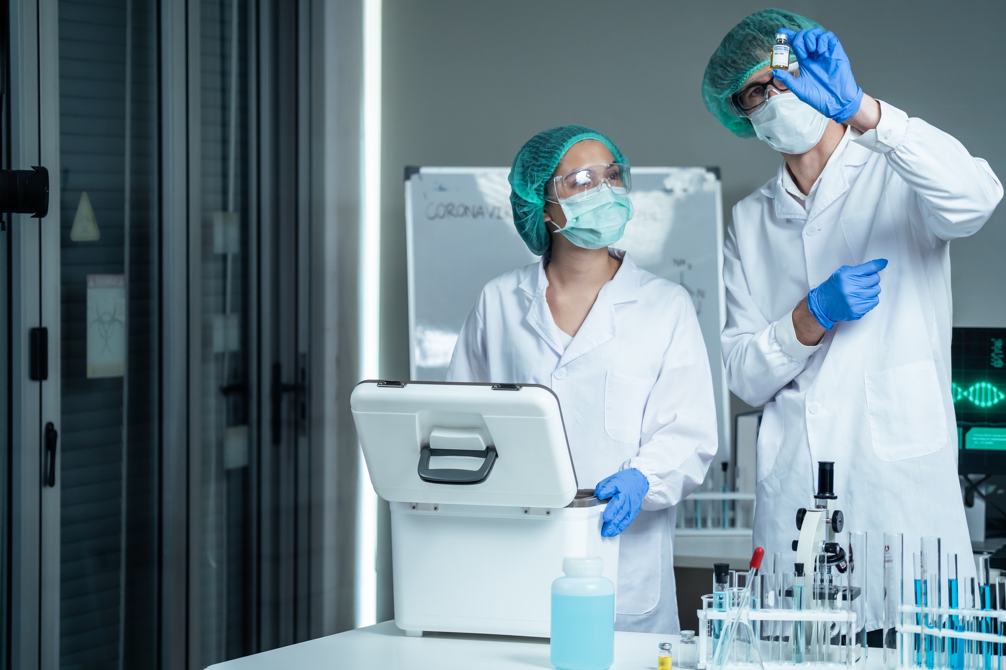 The Coronavirus or COVID vaccine researched by pharmaceutical bio research and development scientist